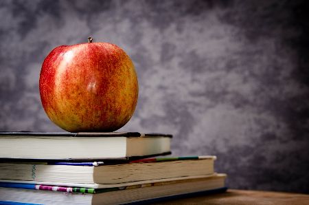 An apple sitting on top of three thin textbooks with a chalkboard in the background.